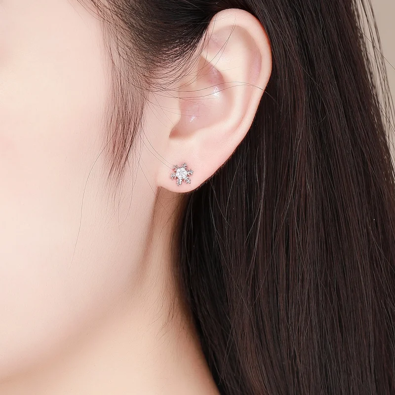 (image for) Pandora Style Silver Elegant Snowflakes Stud Earrings - BSE009 - View 5