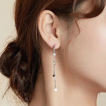 Pandora Style Silver Elegant Star Moon Dangle Earrings - SCE982