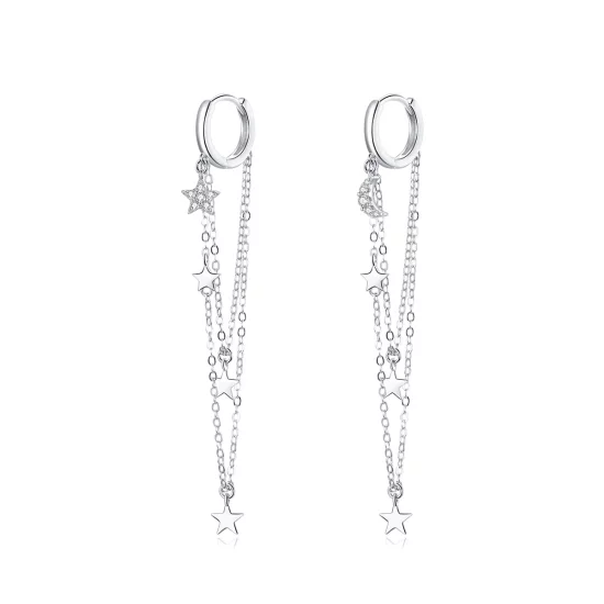 Pandora Style Silver Elegant Star Moon Dangle Earrings - SCE982