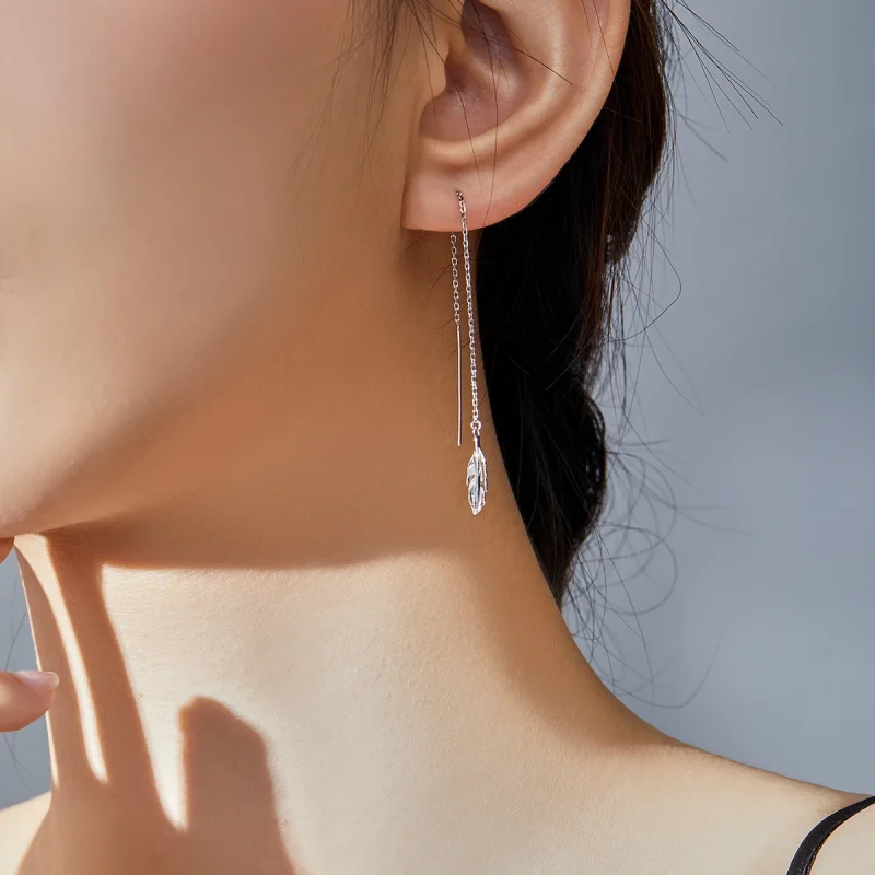 (image for) Pandora Style Silver Feather Dangle Earrings - SCE786 - View 5