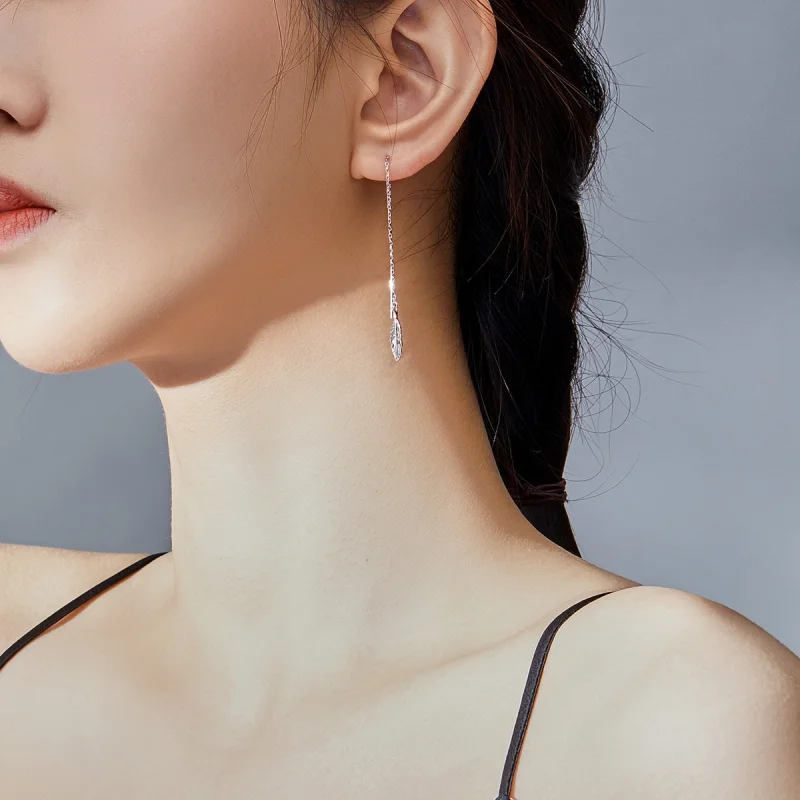 (image for) Pandora Style Silver Feather Dangle Earrings - SCE786 - View 8