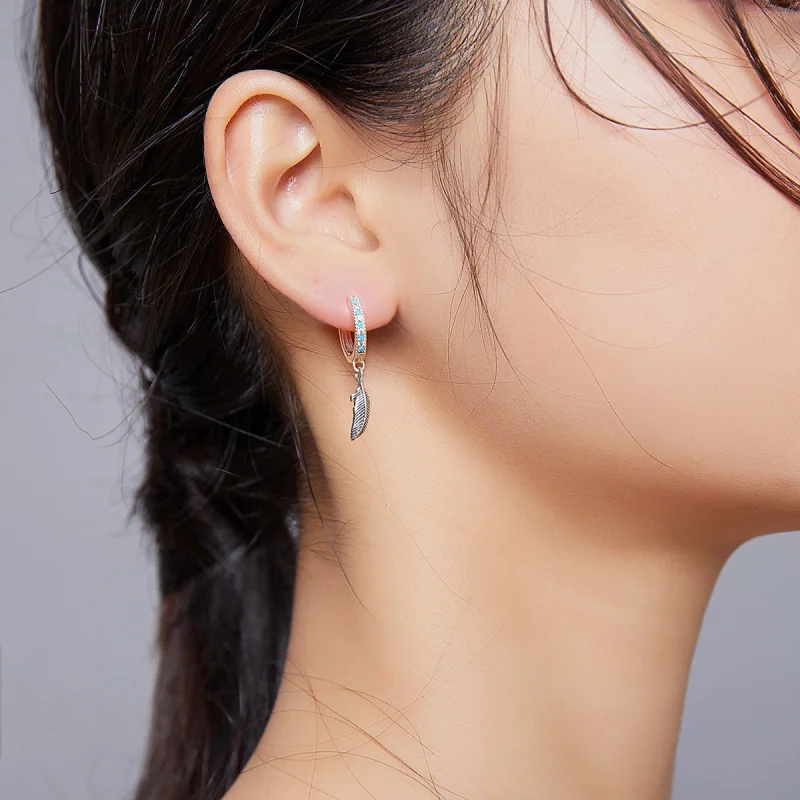 (image for) Pandora Style Silver Feather Dangle Earrings - SCE898 - View 5