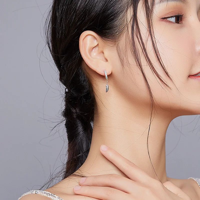 (image for) Pandora Style Silver Feather Dangle Earrings - SCE898 - View 6