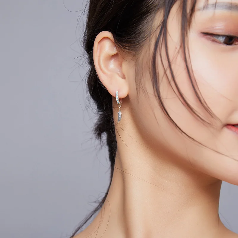 (image for) Pandora Style Silver Feather Dangle Earrings - SCE898 - View 7