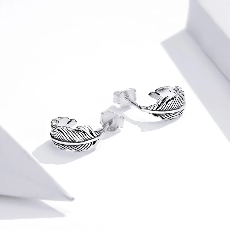 (image for) Pandora Style Silver Feather Hoop Earrings - SCE923 - View 3