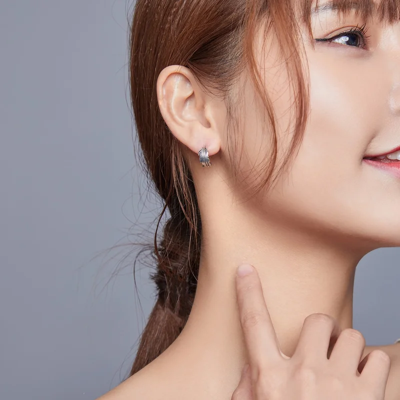 (image for) Pandora Style Silver Feather Hoop Earrings - SCE923 - View 5