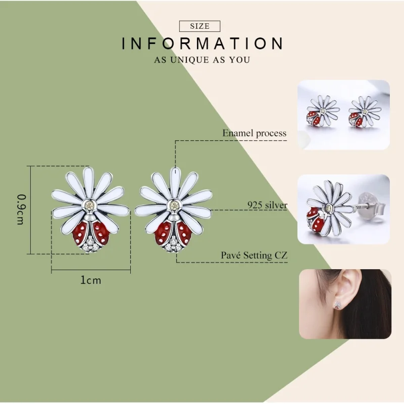 (image for) Pandora Style Silver Flower & Ladybug Stud Earrings - SCE459 - View 3