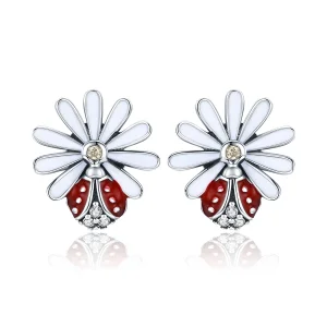 (image for) Pandora Style Silver Flower & Ladybug Stud Earrings - SCE459