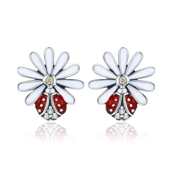 Pandora Style Silver Flower & Ladybug Stud Earrings - SCE459