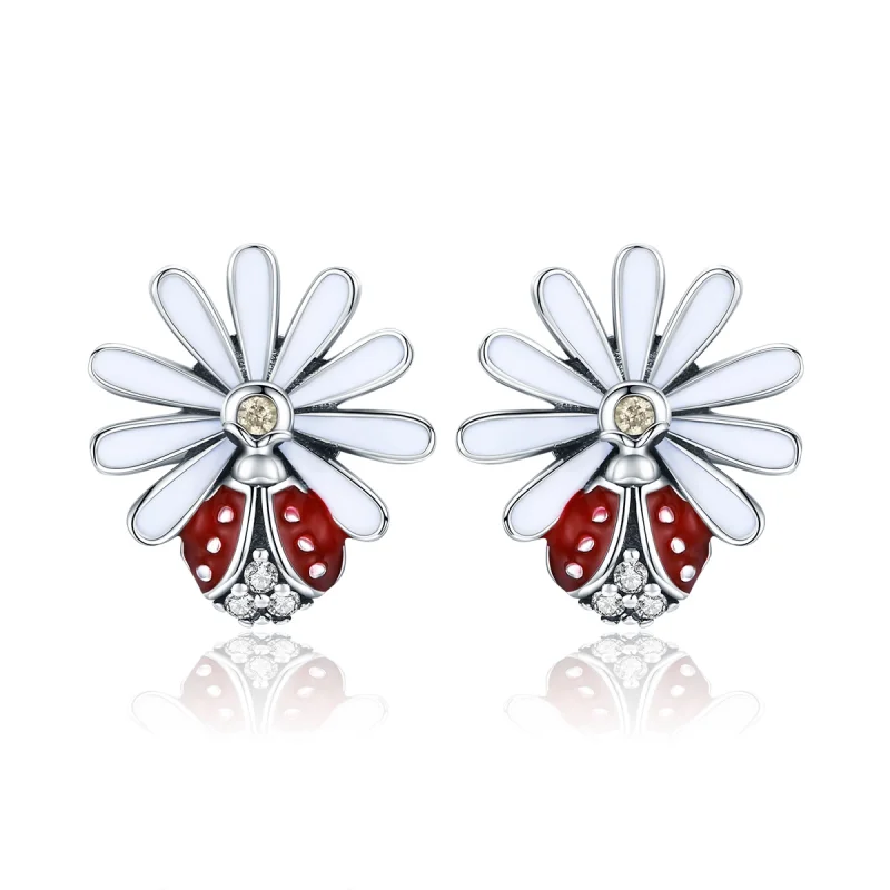 (image for) Pandora Style Silver Flower & Ladybug Stud Earrings - SCE459 - Product Image