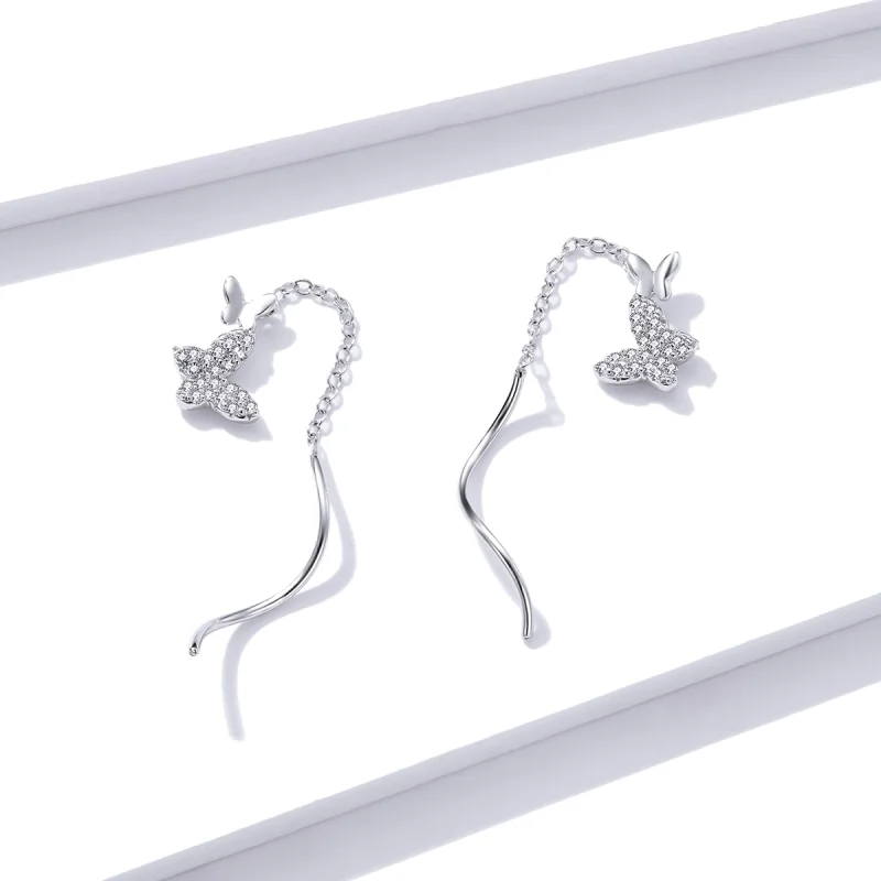 (image for) Pandora Style Silver Flying Butterflies Dangle Earrings - BSE436 - View 2