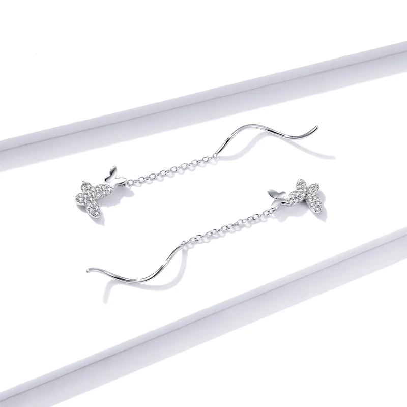 (image for) Pandora Style Silver Flying Butterflies Dangle Earrings - BSE436 - View 3