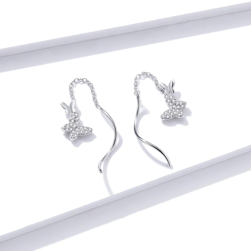 (image for) Pandora Style Silver Flying Butterflies Dangle Earrings - BSE436 - View 4