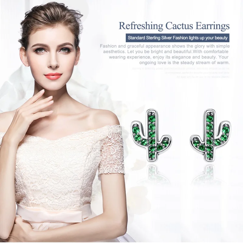 (image for) Pandora Style Silver Fresh Cactus Stud Earrings - SCE097 - View 2