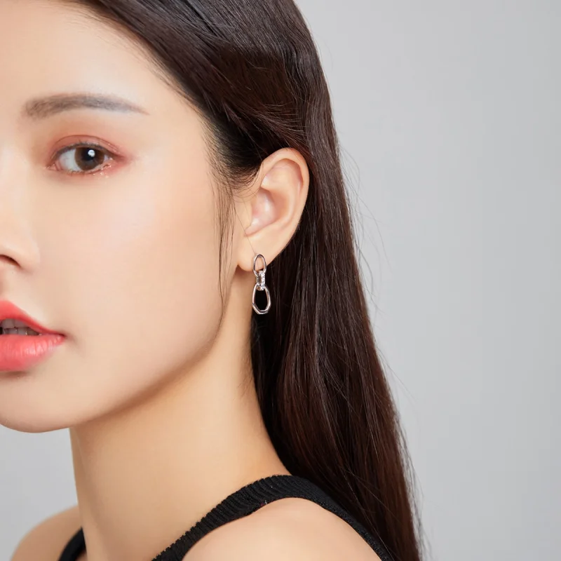 (image for) Pandora Style Silver Geometry Dangle Earrings - SCE1016 - View 6