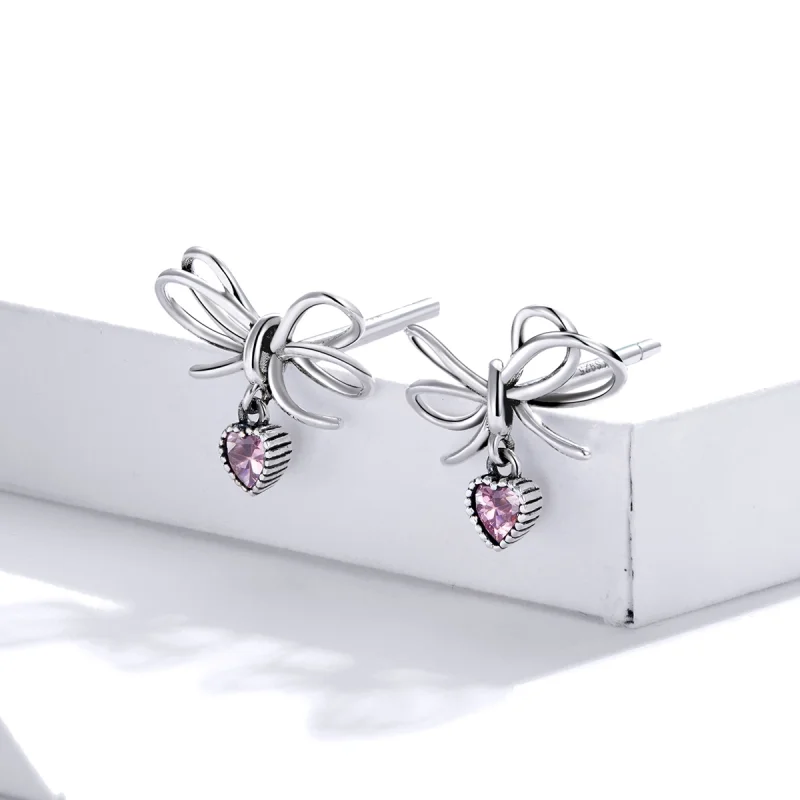 (image for) Pandora Style Silver Gift With Bow Stud Earrings - SCE962 - View 3