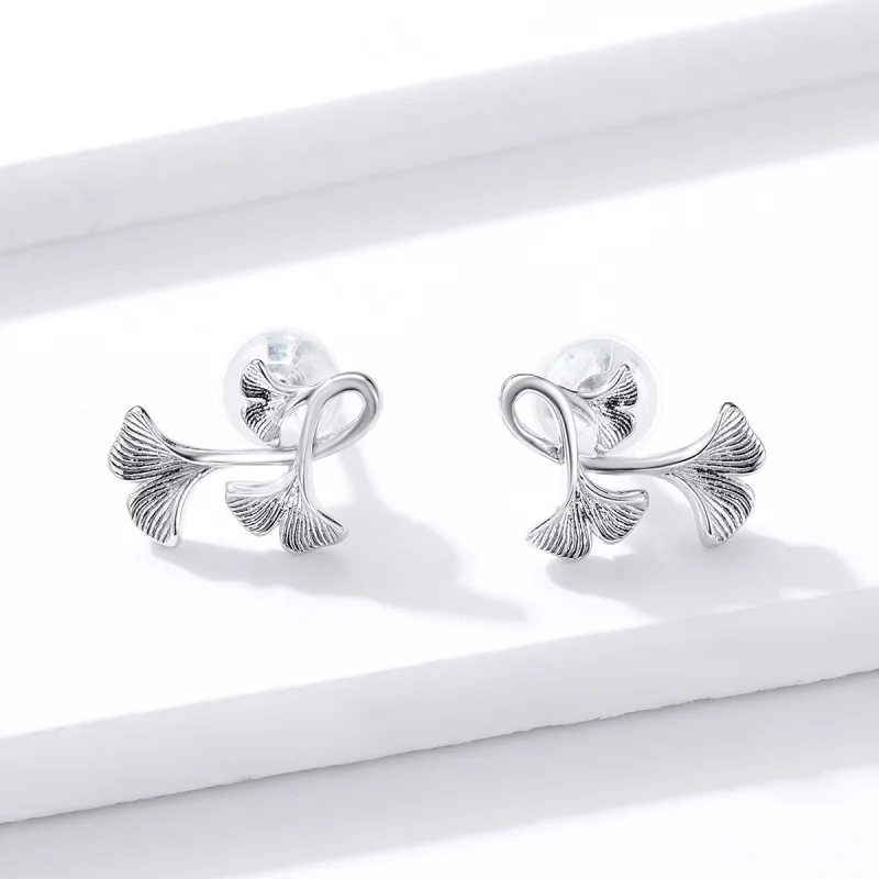 (image for) Pandora Style Silver Ginkgo Leaf Stud Earrings - BSE328 - View 2