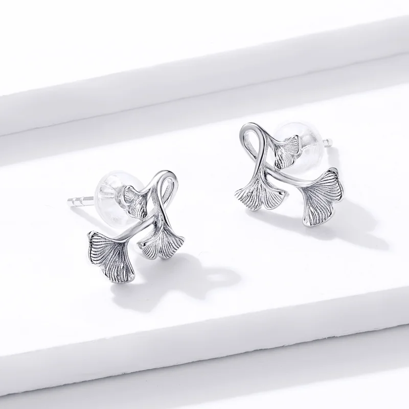 (image for) Pandora Style Silver Ginkgo Leaf Stud Earrings - BSE328 - View 3