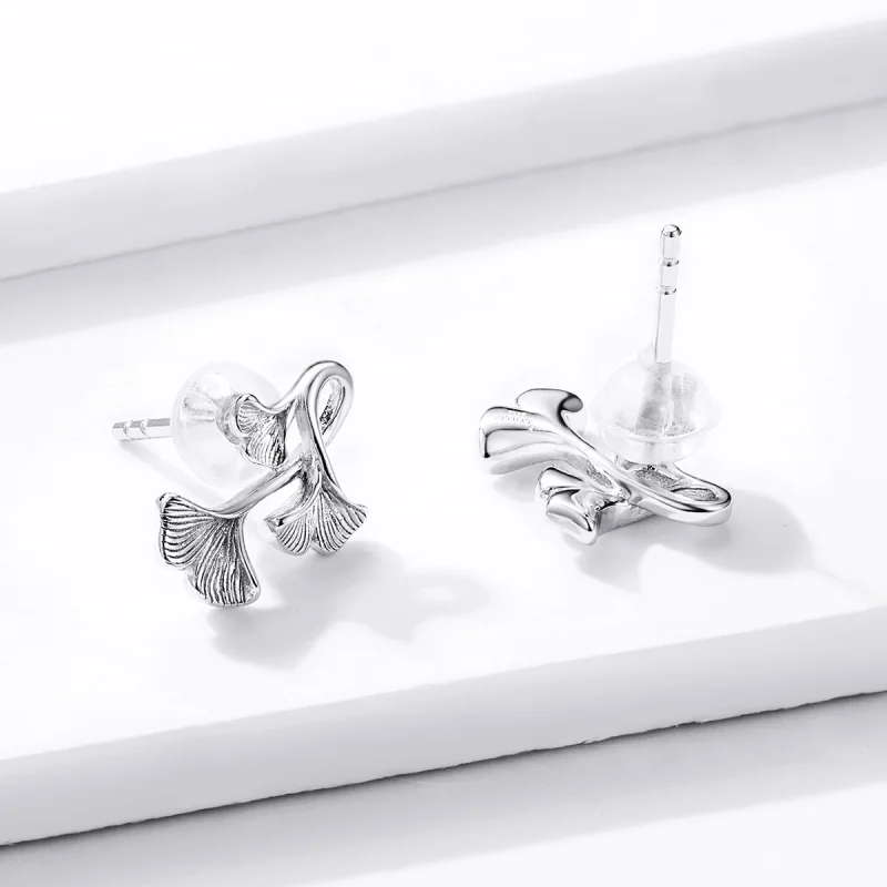 (image for) Pandora Style Silver Ginkgo Leaf Stud Earrings - BSE328 - View 4