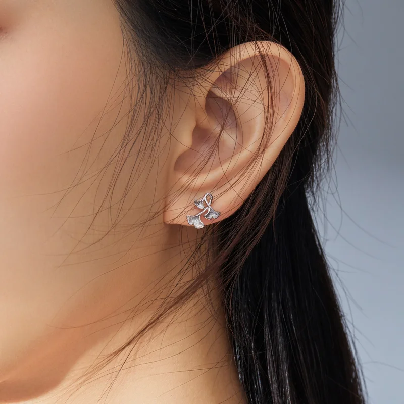 (image for) Pandora Style Silver Ginkgo Leaf Stud Earrings - BSE328 - View 7