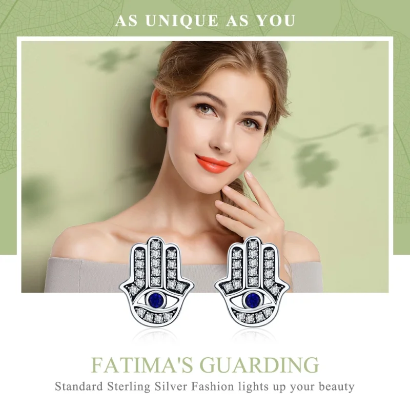 (image for) Pandora Style Silver Hamsa Hand Stud Earrings - SCE389 - View 2