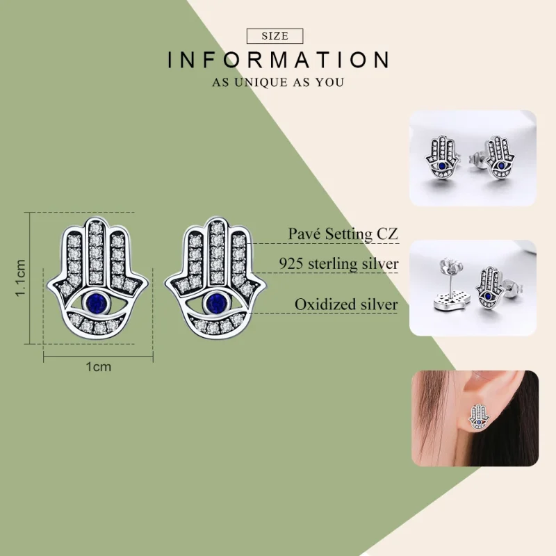 (image for) Pandora Style Silver Hamsa Hand Stud Earrings - SCE389 - View 3