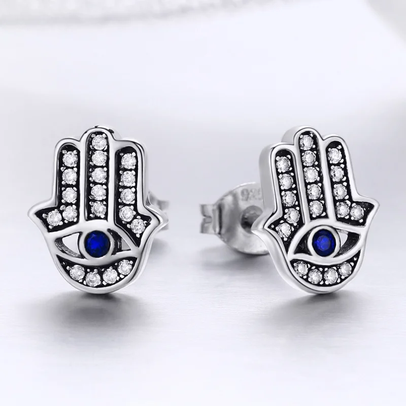 (image for) Pandora Style Silver Hamsa Hand Stud Earrings - SCE389 - View 4