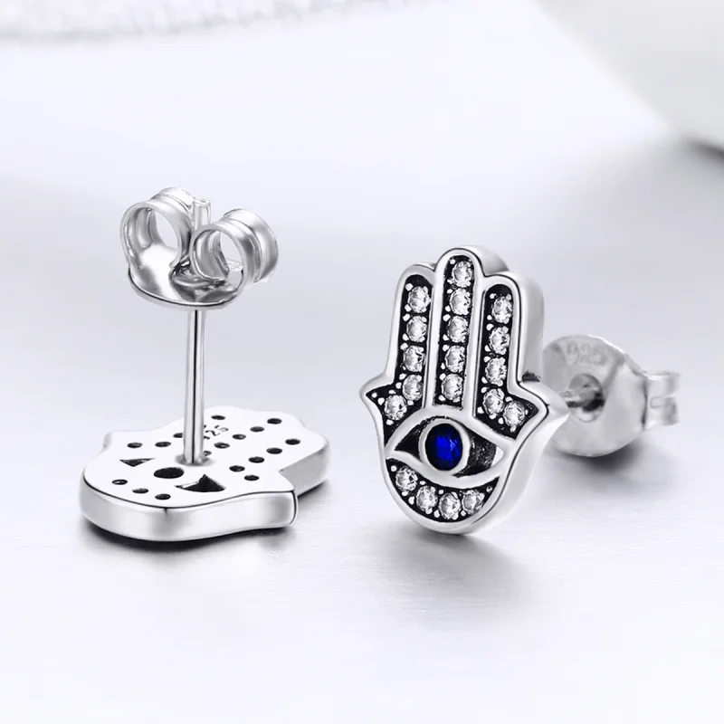 (image for) Pandora Style Silver Hamsa Hand Stud Earrings - SCE389 - View 5
