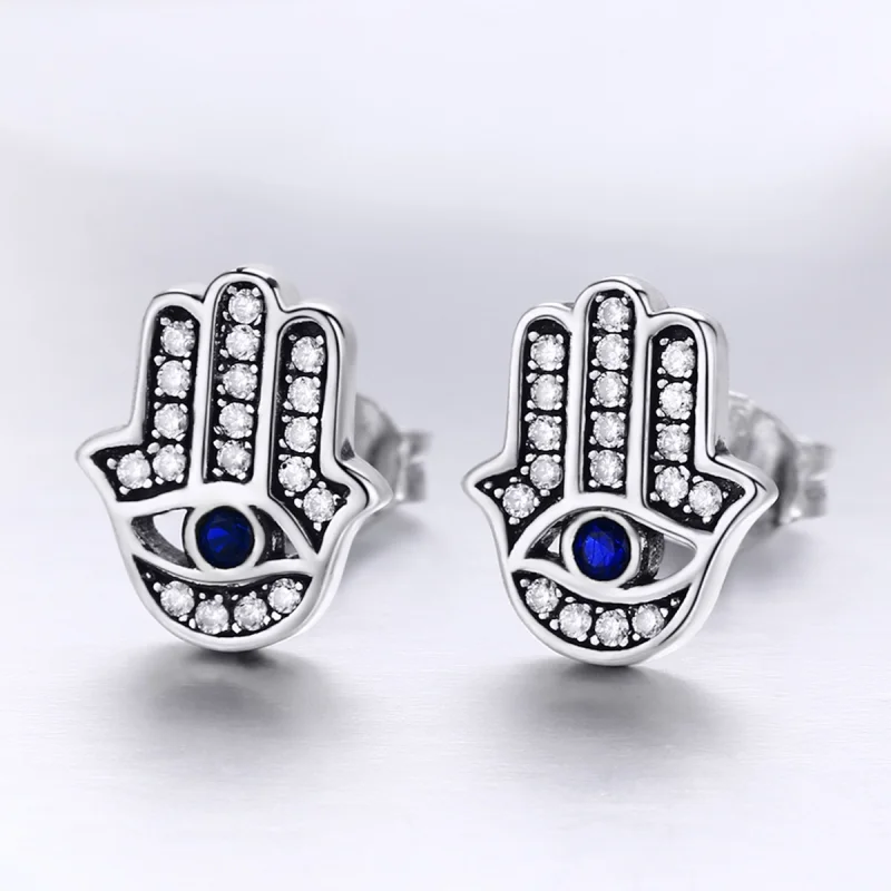 (image for) Pandora Style Silver Hamsa Hand Stud Earrings - SCE389 - View 7
