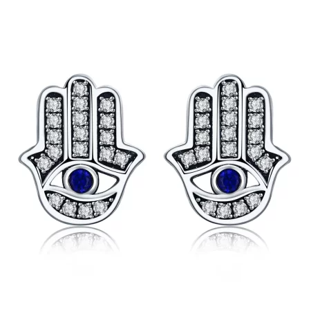 Pandora Style Silver Hamsa Hand Stud Earrings - SCE389