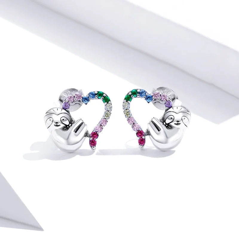 (image for) Pandora Style Silver Heart-Shaped Little Sloth Stud Earrings - SCE885 - View 2