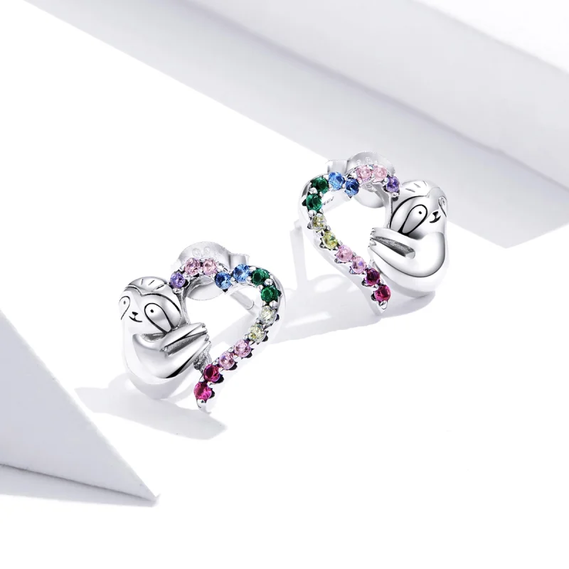 (image for) Pandora Style Silver Heart-Shaped Little Sloth Stud Earrings - SCE885 - View 4