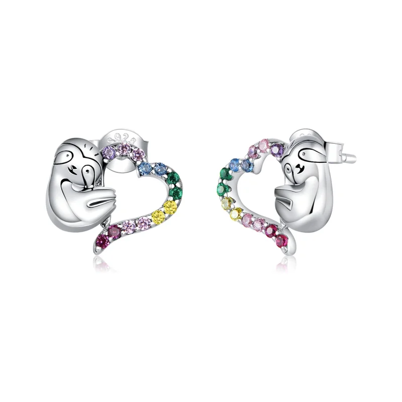 (image for) Pandora Style Silver Heart-Shaped Little Sloth Stud Earrings - SCE885 - Product Image