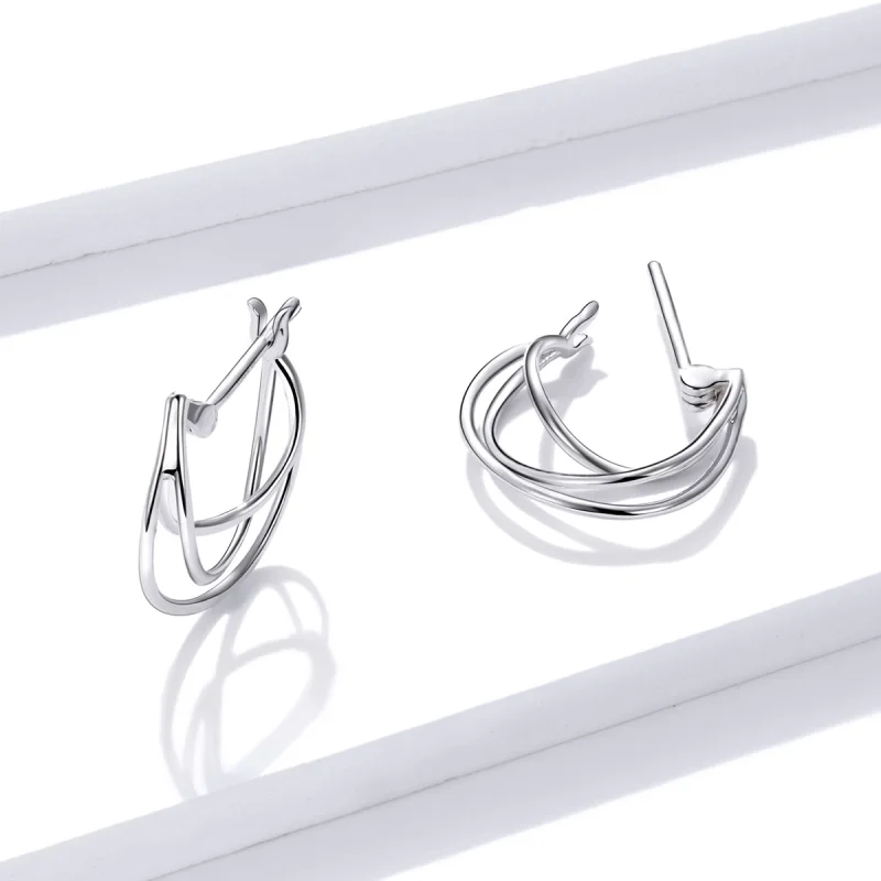(image for) Pandora Style Silver Intertwined Lines Hoop Earrings - BSE443 - View 2