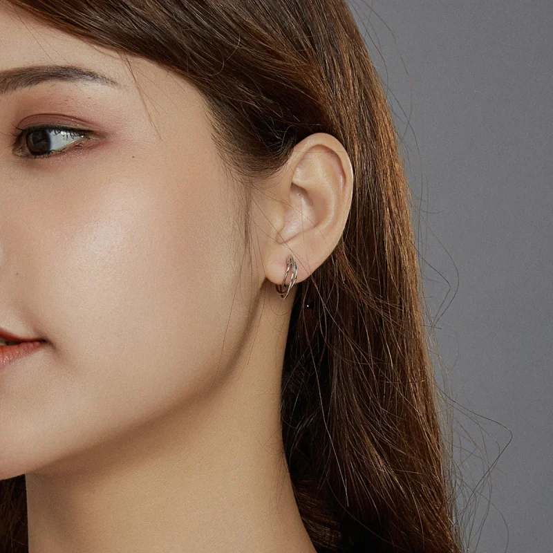 (image for) Pandora Style Silver Intertwined Lines Hoop Earrings - BSE443 - View 7