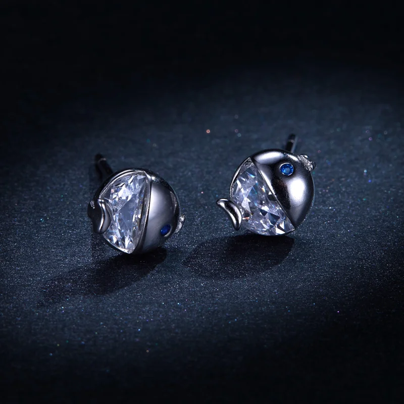 (image for) Pandora Style Silver Kissing Fish Stud Earrings - BSE204 - View 9