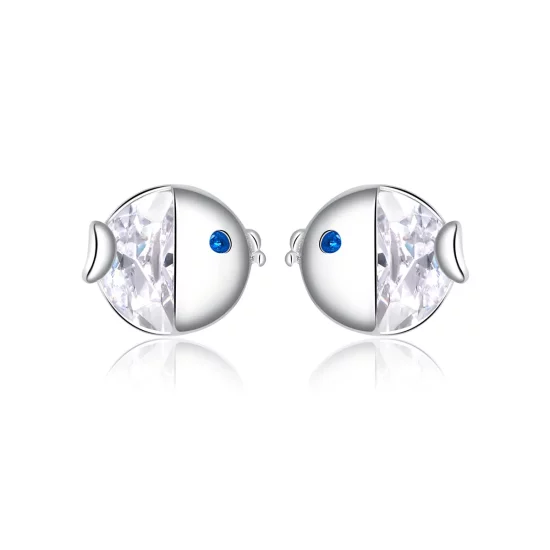Pandora Style Silver Kissing Fish Stud Earrings - BSE204