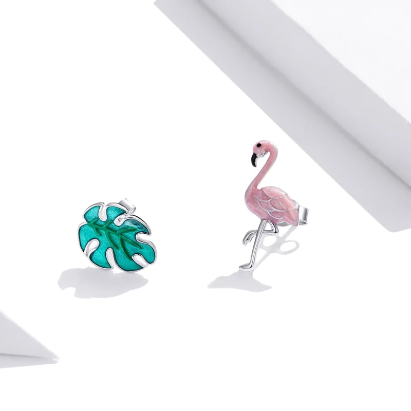 (image for) Pandora Style Silver Leaf & Flamingos Stud Earrings - SCE1124 - View 2