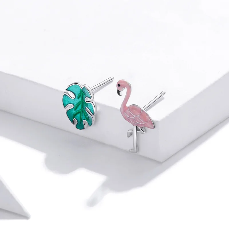 (image for) Pandora Style Silver Leaf & Flamingos Stud Earrings - SCE1124 - View 3