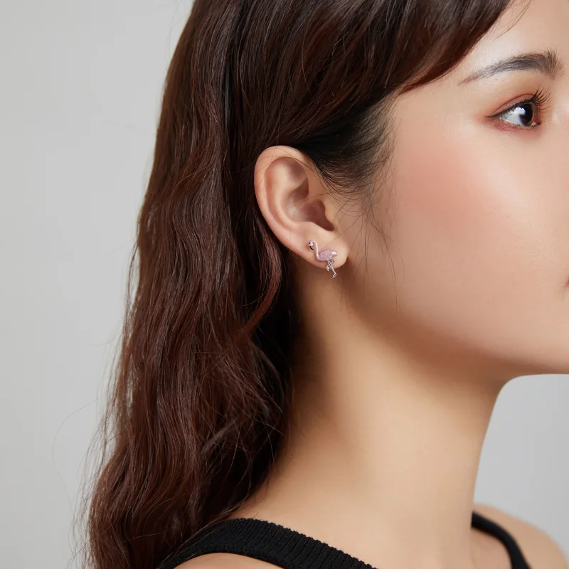 (image for) Pandora Style Silver Leaf & Flamingos Stud Earrings - SCE1124 - View 5