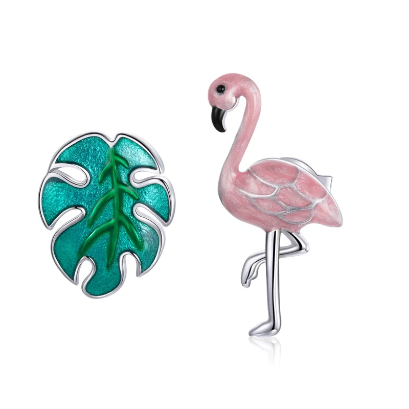 (image for) Pandora Style Silver Leaf & Flamingos Stud Earrings - SCE1124 - Product Image