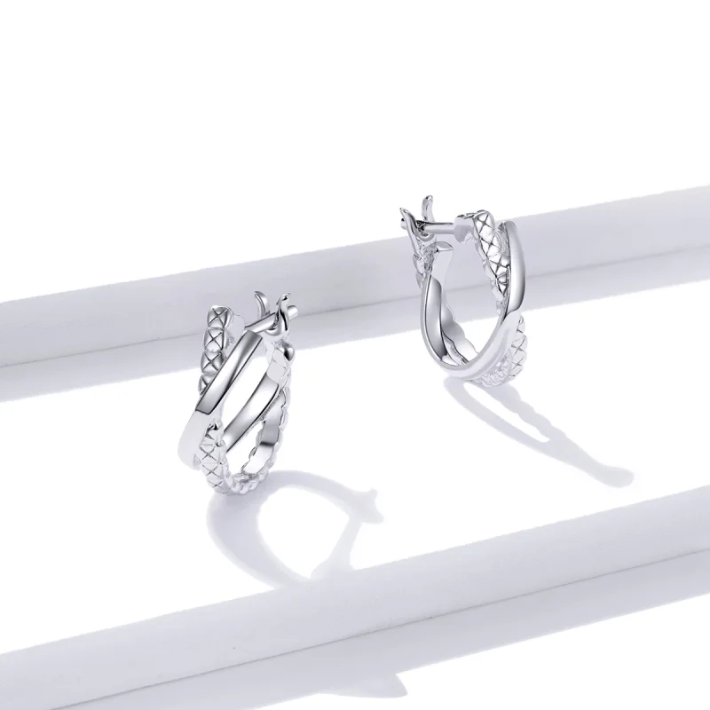 (image for) Pandora Style Silver Leather Texture Hoop Earrings - BSE440 - View 3