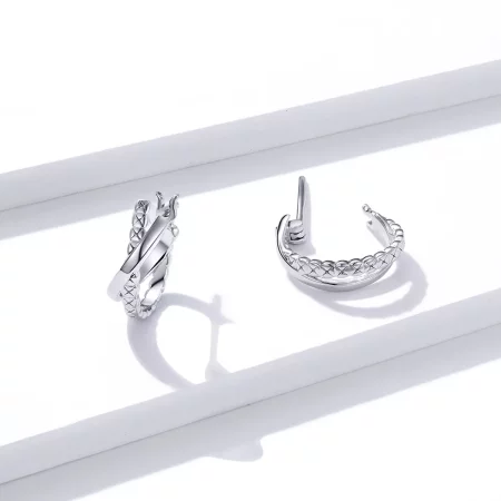 Pandora Style Silver Leather Texture Hoop Earrings - BSE440