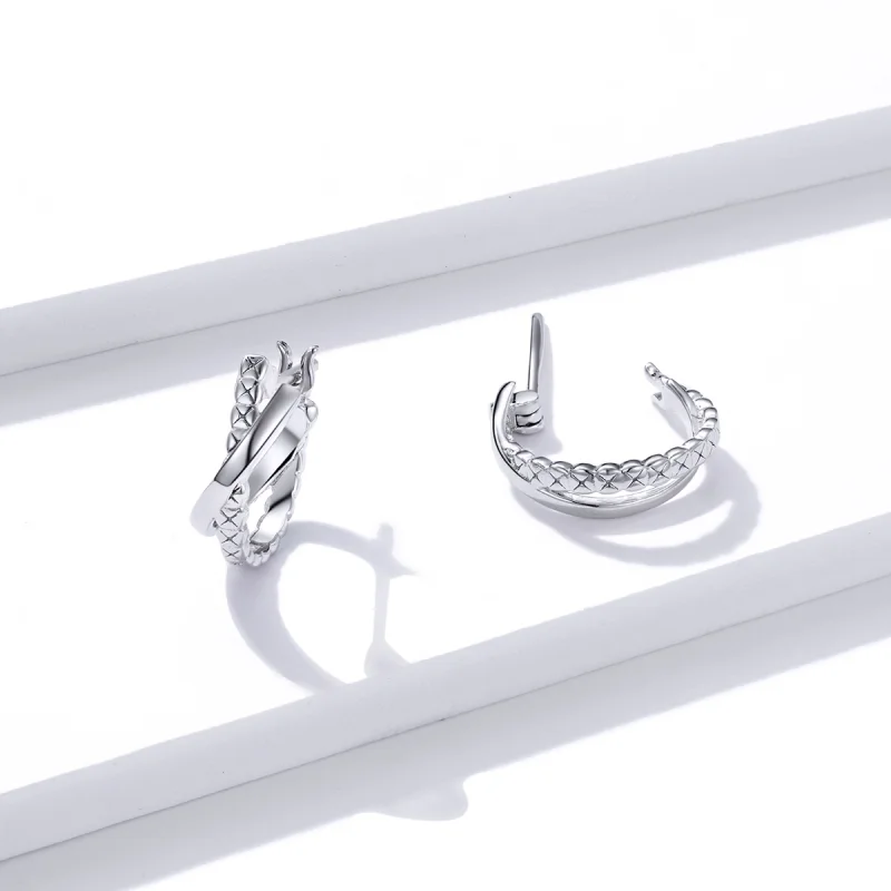 (image for) Pandora Style Silver Leather Texture Hoop Earrings - BSE440 - View 4