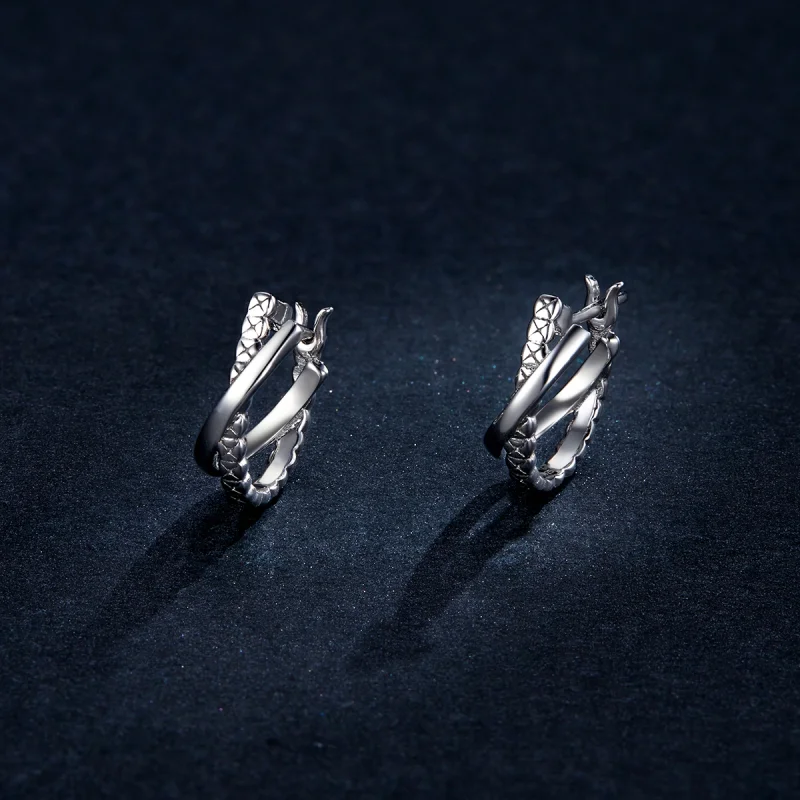 (image for) Pandora Style Silver Leather Texture Hoop Earrings - BSE440 - View 5