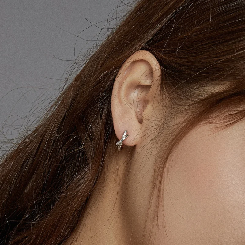 (image for) Pandora Style Silver Leather Texture Hoop Earrings - BSE440 - View 7