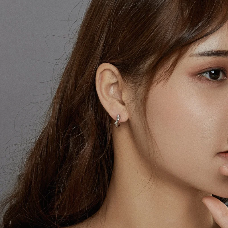 (image for) Pandora Style Silver Leather Texture Hoop Earrings - BSE440 - View 8