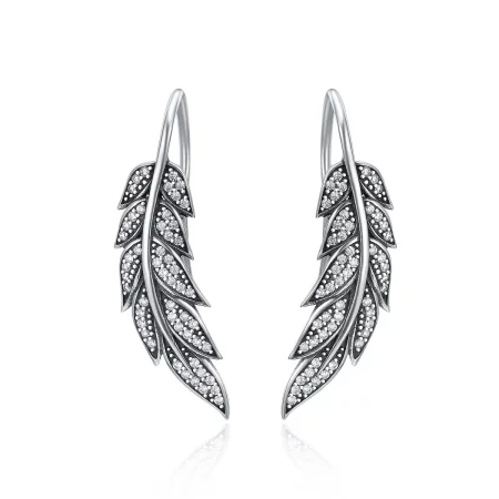 Pandora Style Silver Leaves Enamoured Hanging Earrings - SCE215 Pandora Style Silver Leaves Enamoured Hanging Earrings - SCE215