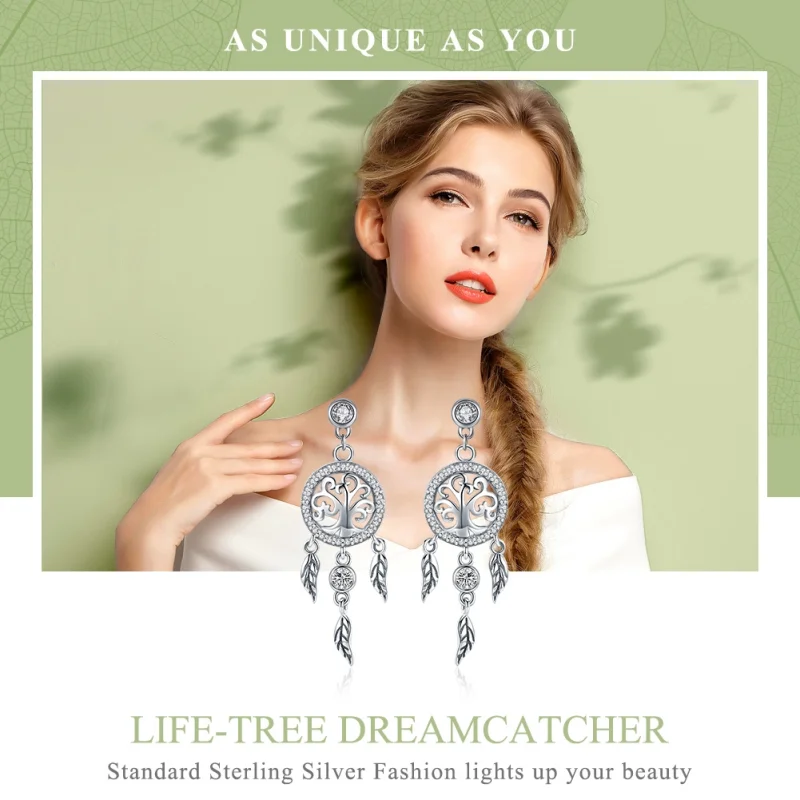 (image for) Pandora Style Silver Life Tree & Dream Catcher Hanging Earrings - SCE457 - View 2
