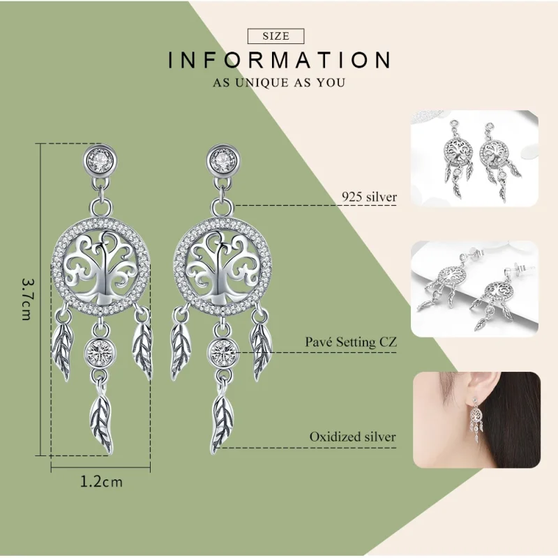 (image for) Pandora Style Silver Life Tree & Dream Catcher Hanging Earrings - SCE457 - View 3